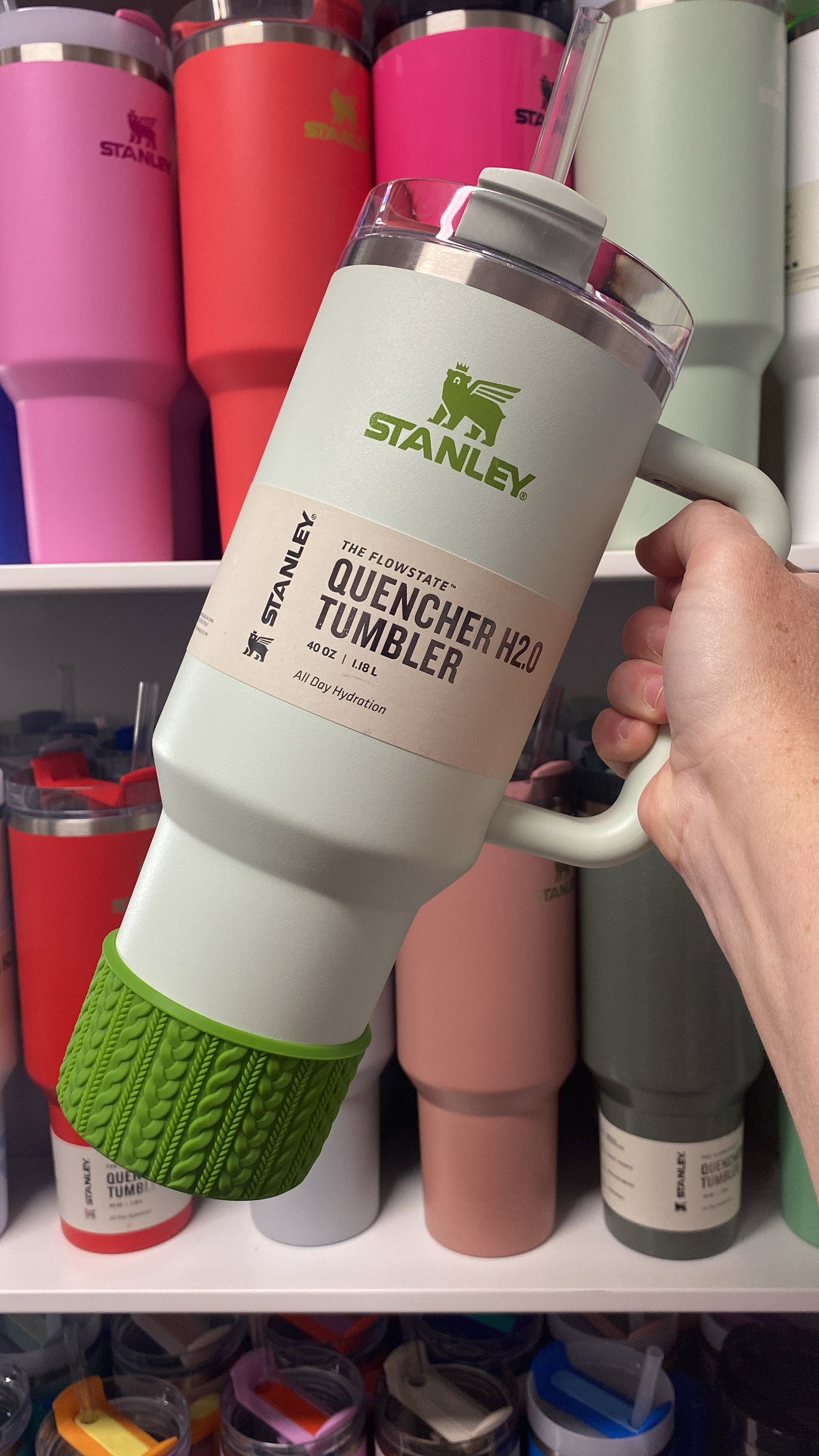 CORINNE (Green Divine Logo) | Cable Knit Sweater | Silicone Tumbler Boot