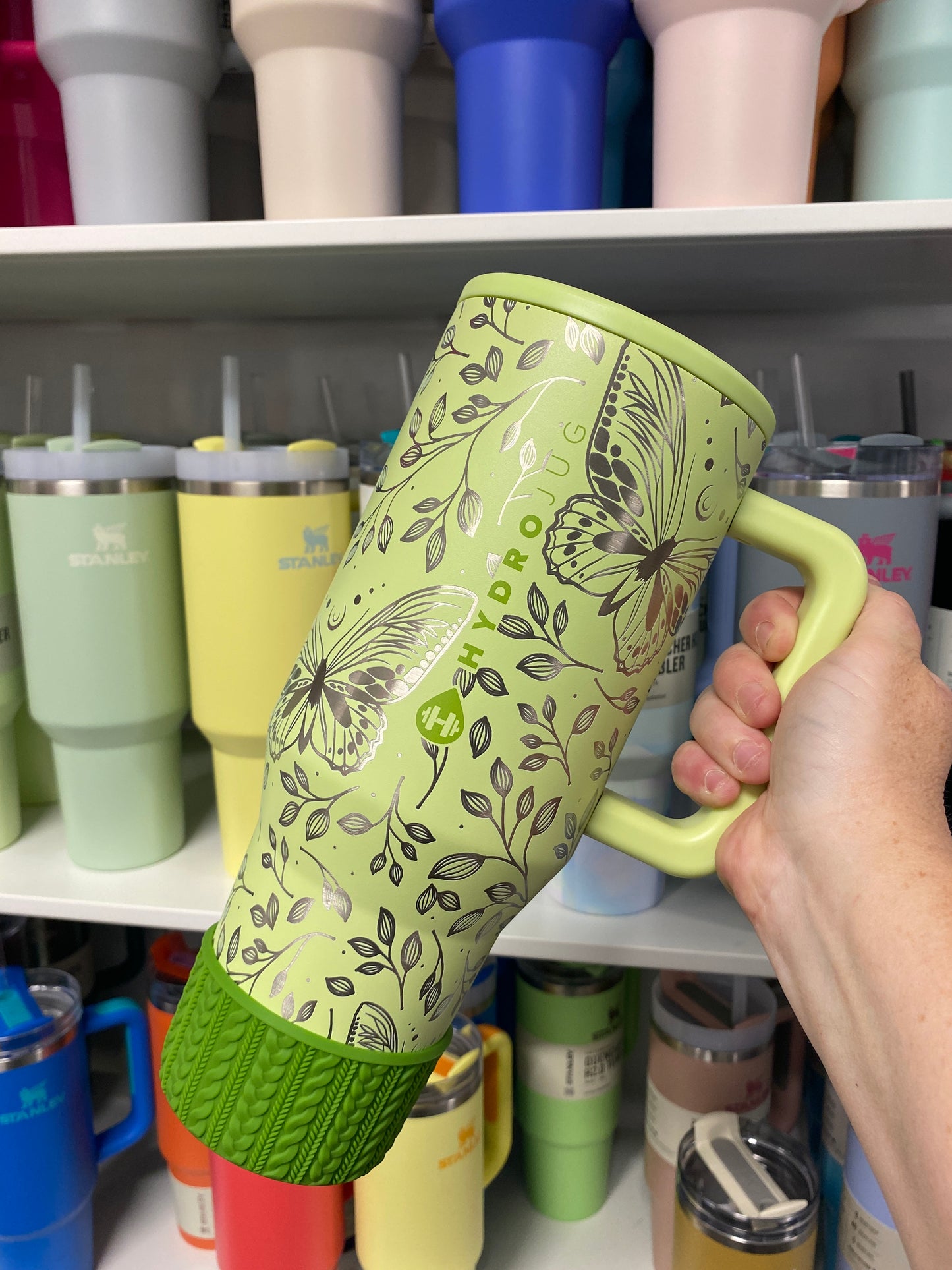 CORINNE (Green Divine Logo) | Cable Knit Sweater | Silicone Tumbler Boot