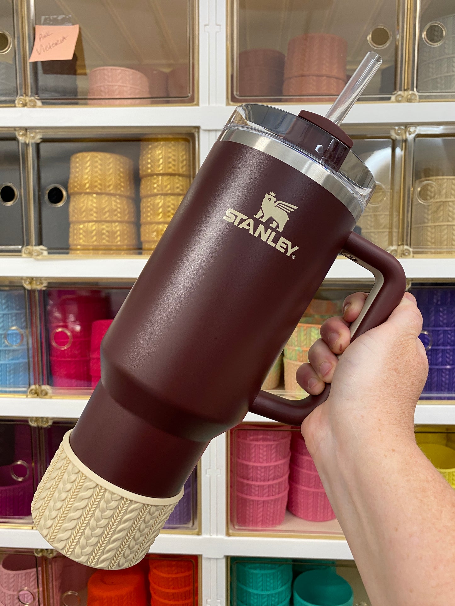 JEANNE (Beige / Stan Cream Logo) | Cable Knit Sweater | Silicone Tumbler Boot